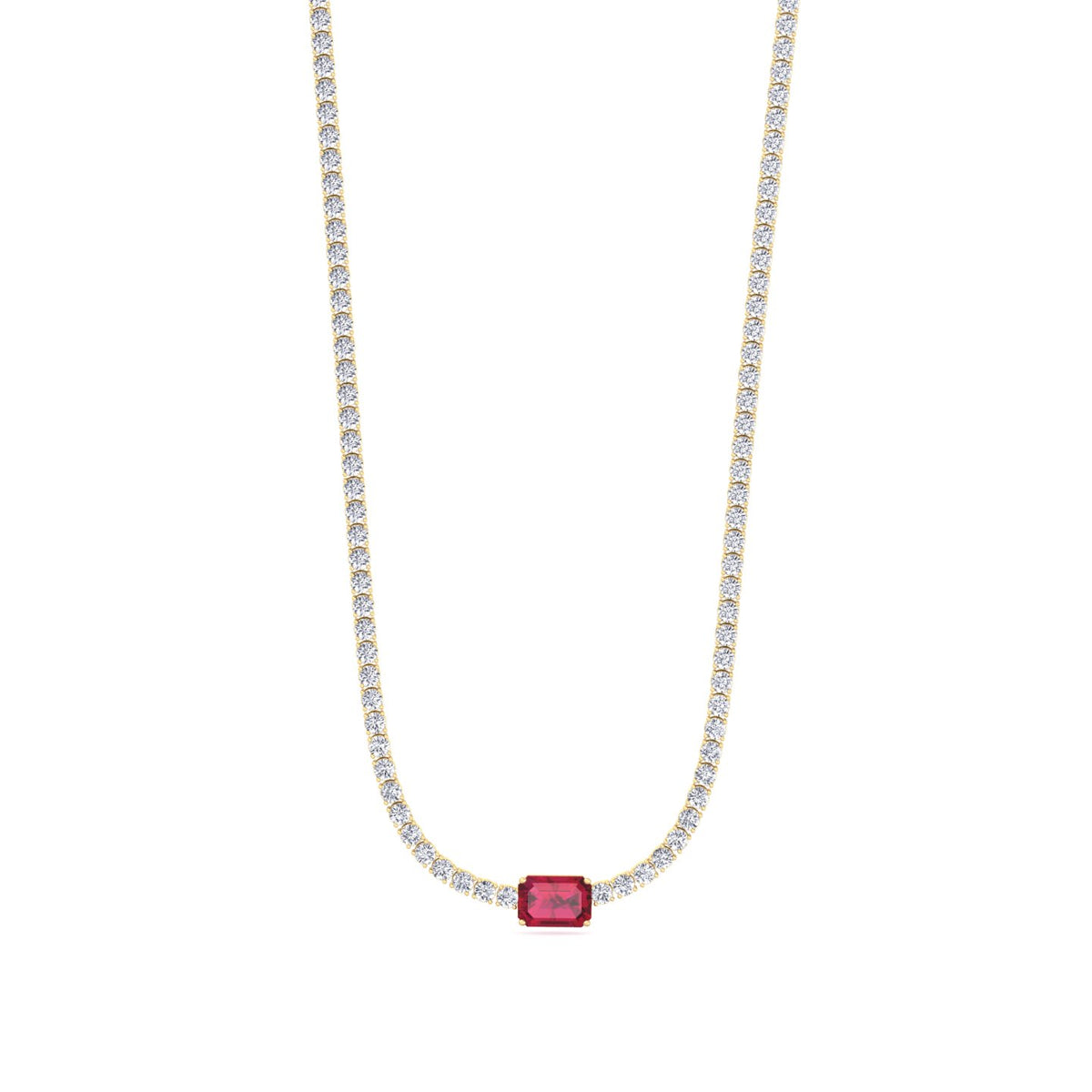 Single Stone Red Ruby Natural Diamond Tennis Necklace, Yellow