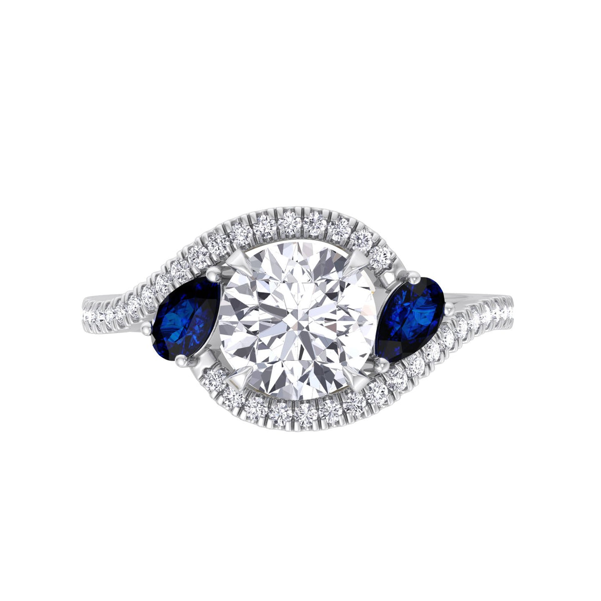 round-cut-diamond-engagement-ring-with-halo-and-blue-sapphire-pear-shape-sidestones-in-solid-white-gold
