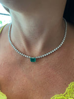 2.50-carat-green-emerald-center-stone-and-8.50-carat-round-cut-diamond-tennis-necklace-in-14k-white-gold