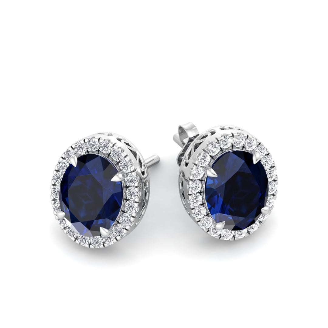 Acqua - Oval Cut Sapphire and Diamond Halo Earrings