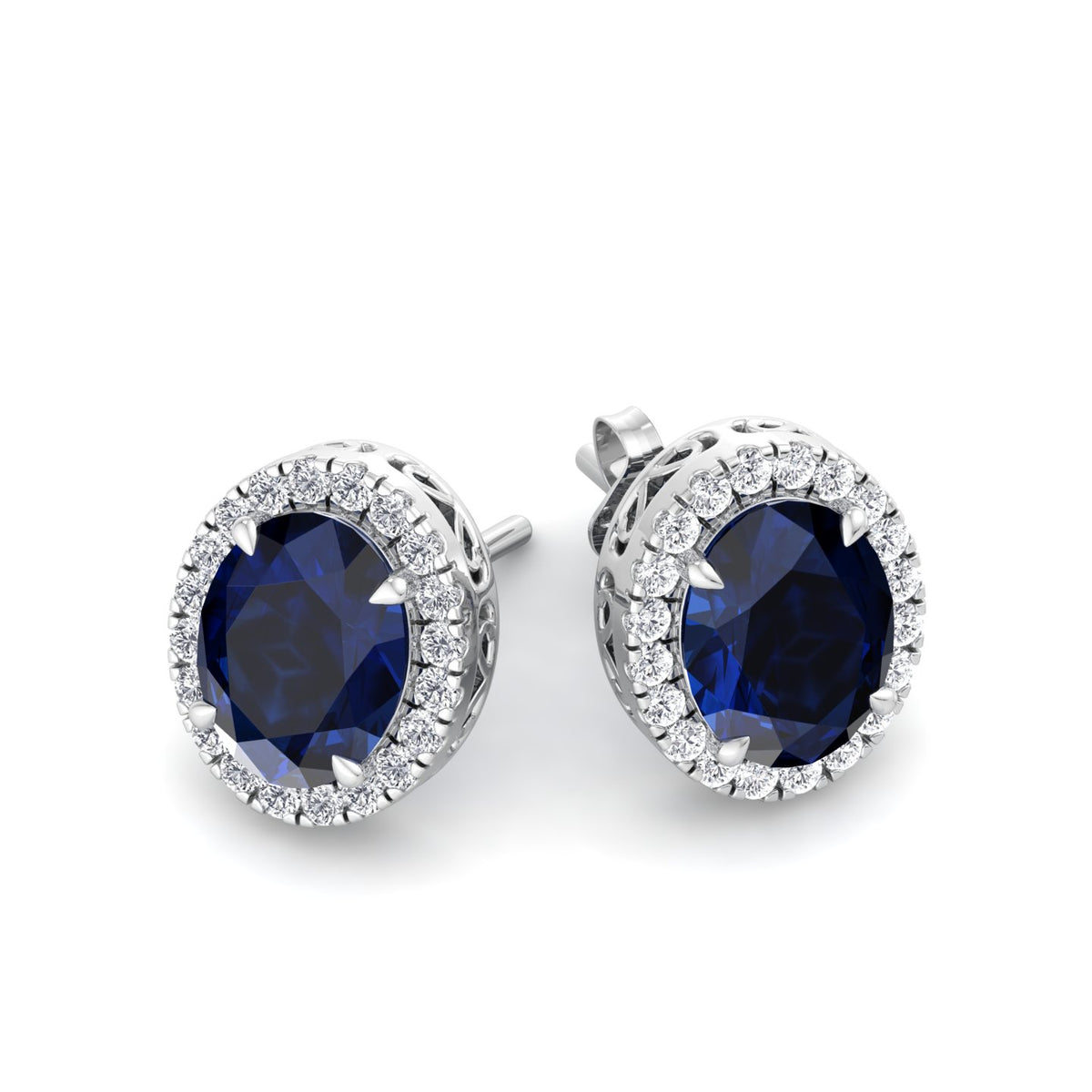 Acqua - Oval Cut Sapphire and Diamond Halo Earrings - Gem Jewelers Co