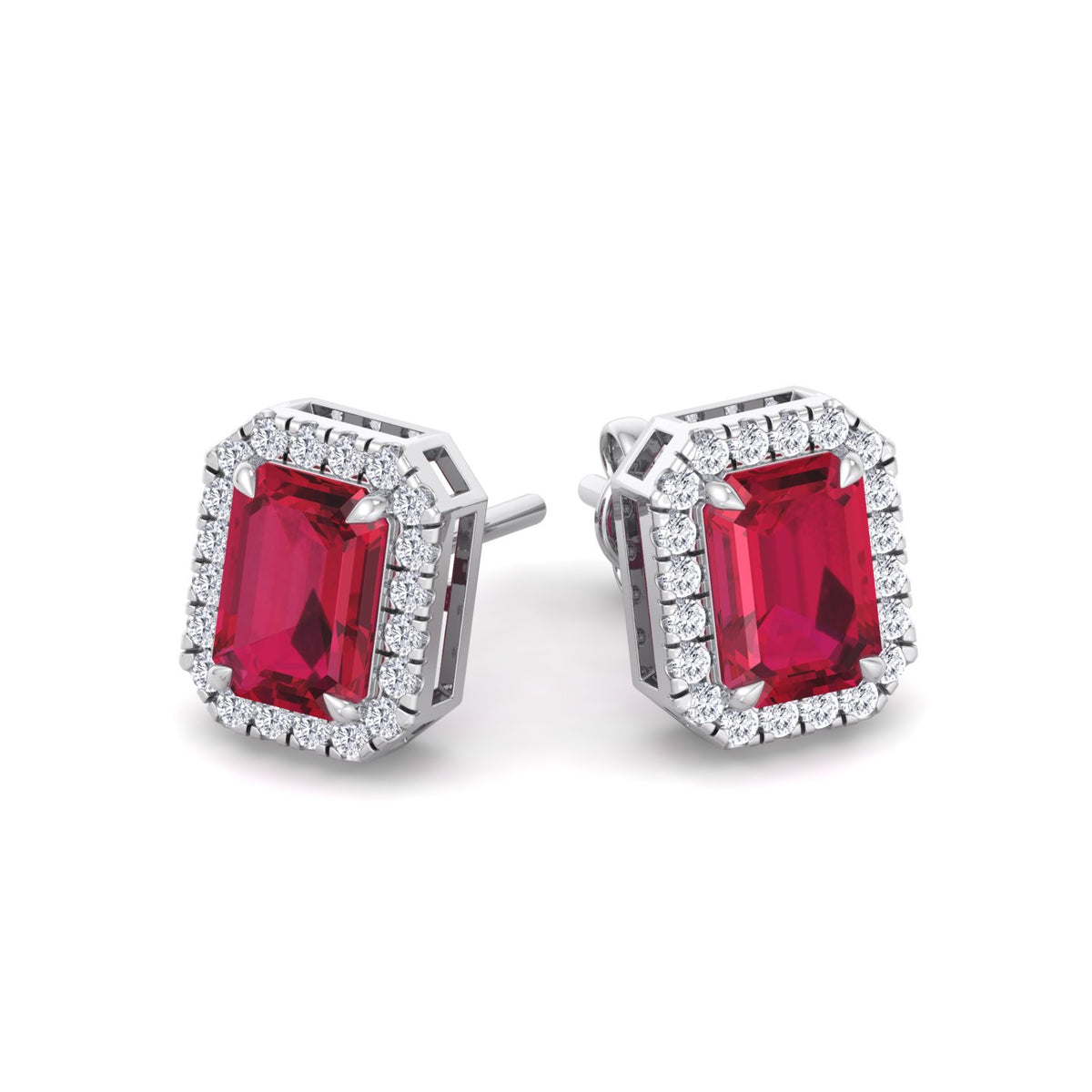 Fuoco - Emerald Cut Ruby and Diamond Halo Earrings - Gem Jewelers Co