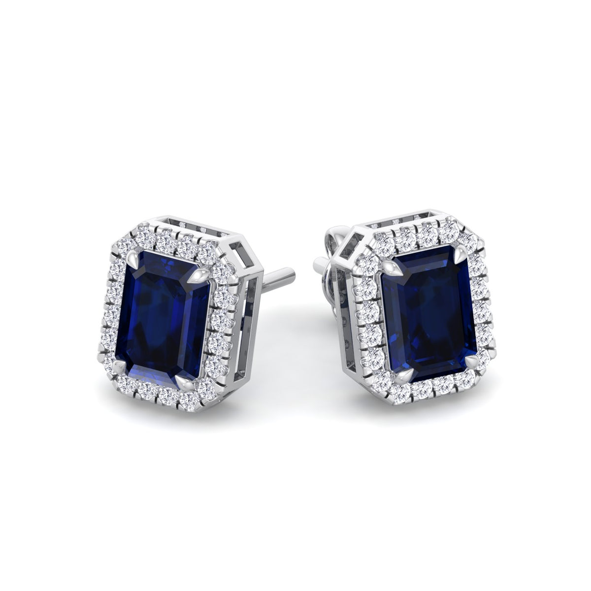 Calcolo - Emerald Cut Sapphire and Diamond Halo Earrings - Gem Jewelers Co