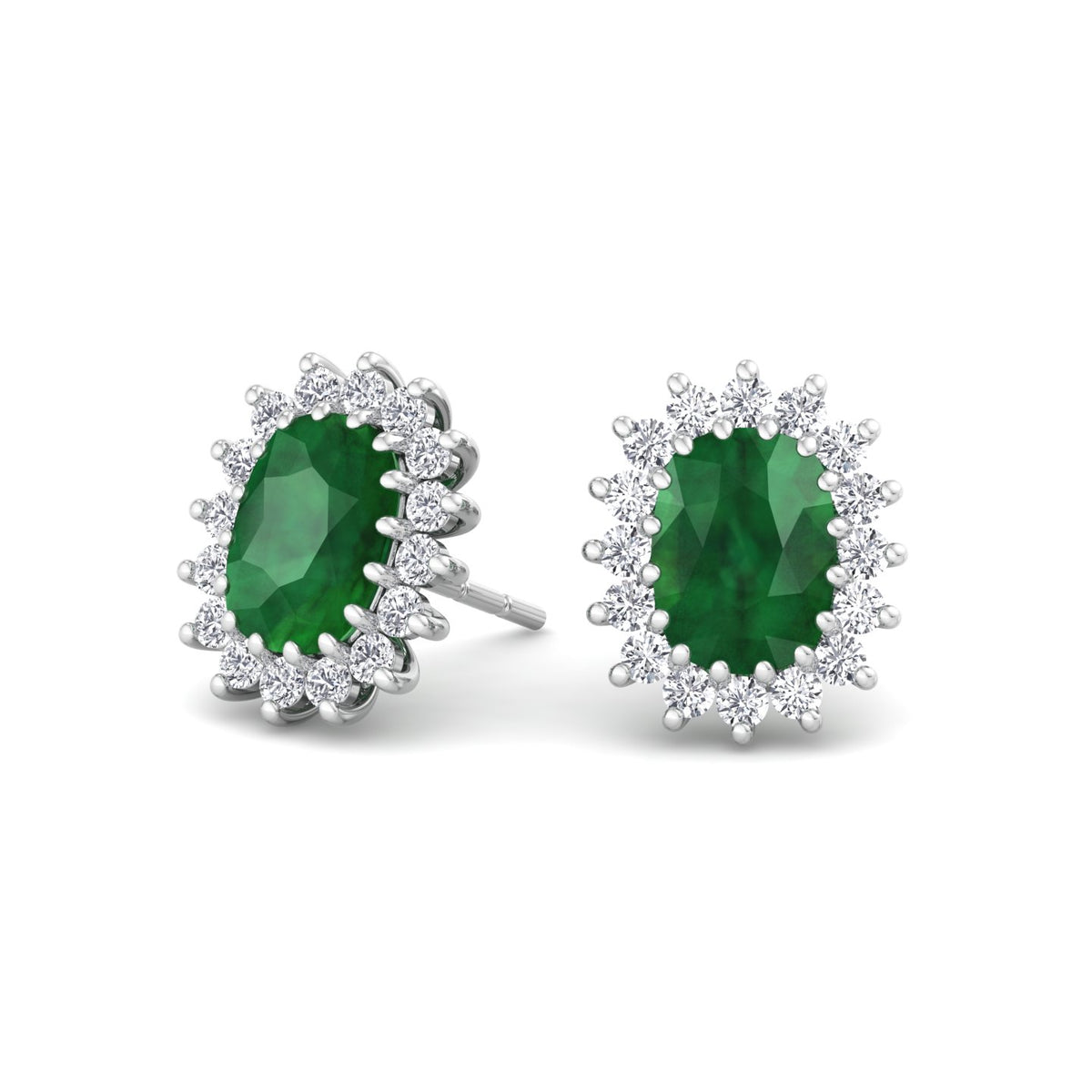 Pino - Oval Cut Emerald and Diamond Halo Flower Style Earrings - Gem Jewelers Co