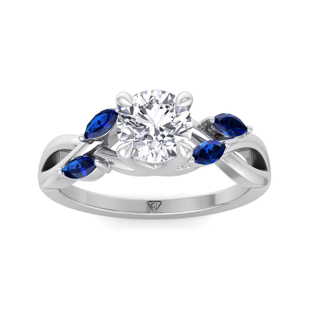 Sfera (2.85CT T.W.) - Round Cut Diamond Engagement Ring with Blue Sapphire Marquise Shape Sidestones