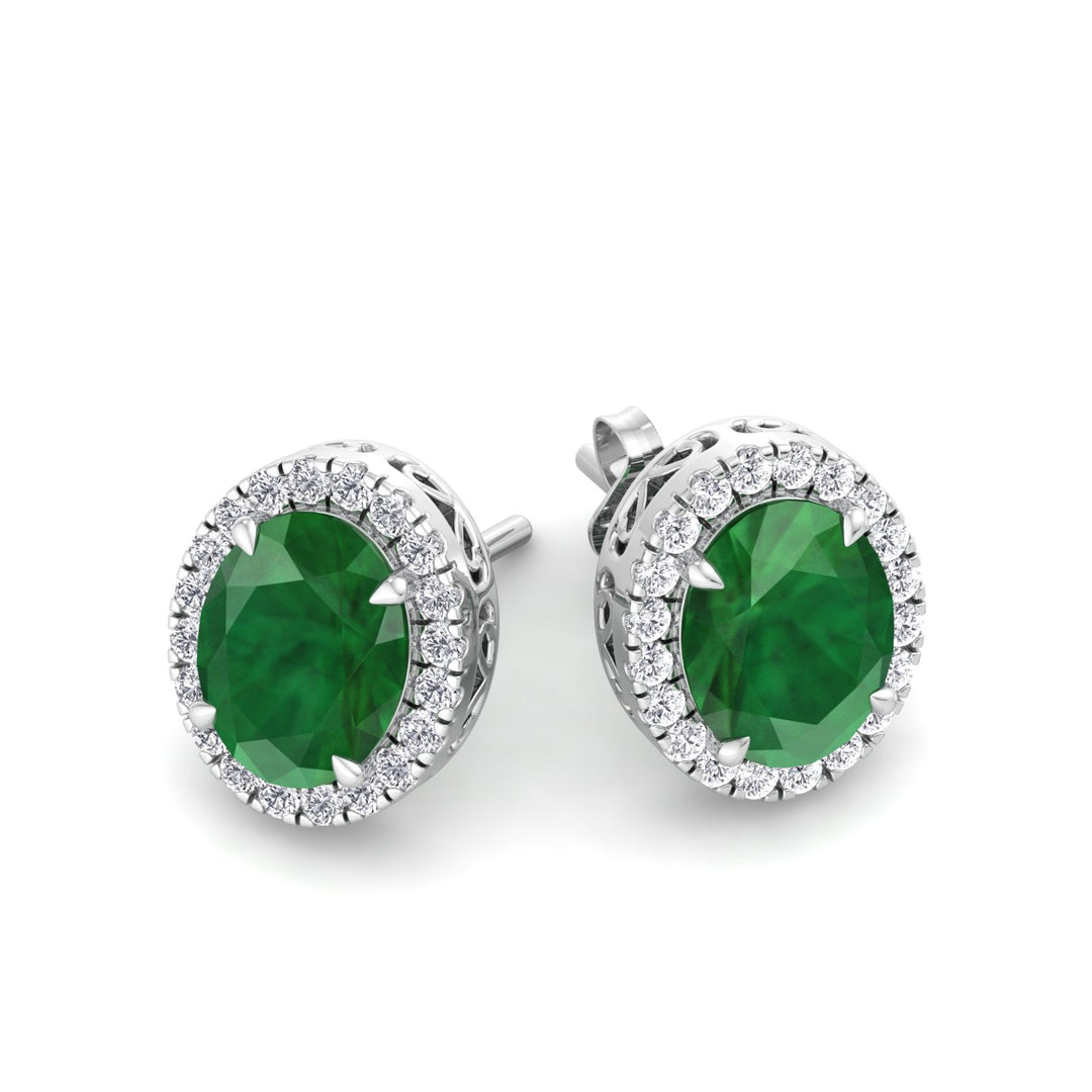 Foglia - Oval Cut Emerald and Diamond Halo Earrings