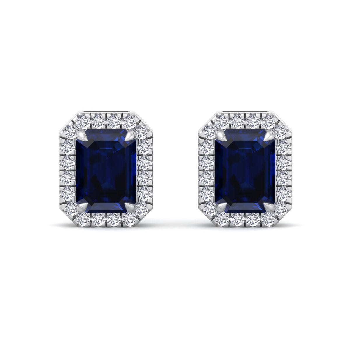 Calcolo - Emerald Cut Sapphire and Diamond Halo Earrings - Gem Jewelers Co