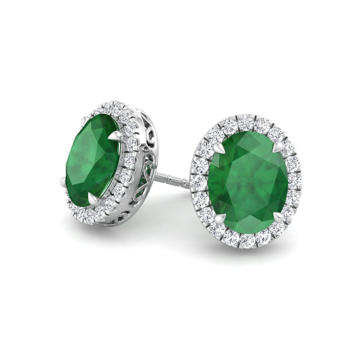 Foglia - Oval Cut Emerald and Diamond Halo Earrings - Gem Jewelers Co