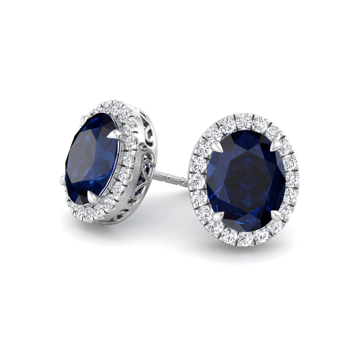 Acqua - Oval Cut Sapphire and Diamond Halo Earrings - Gem Jewelers Co