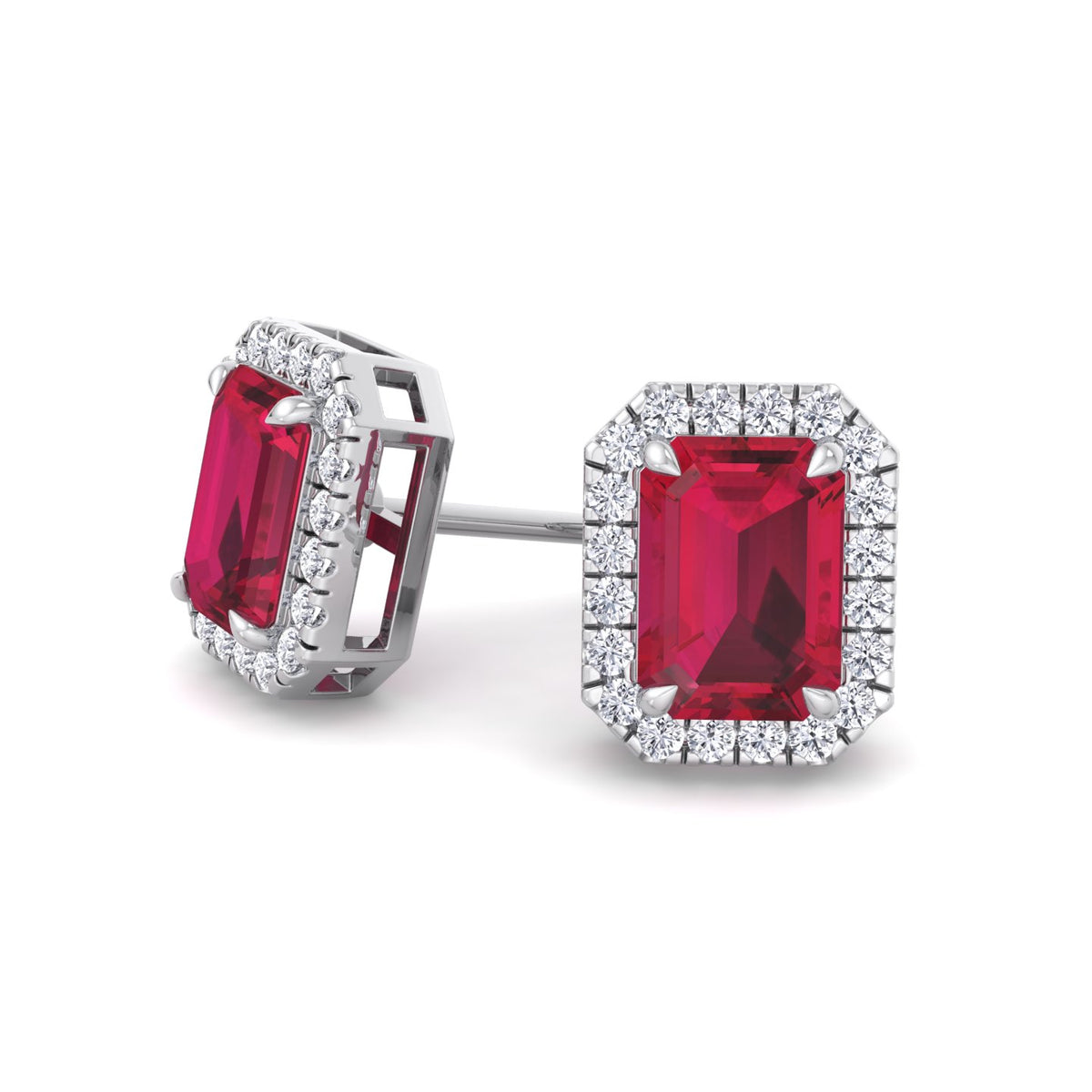 Fuoco - Emerald Cut Ruby and Diamond Halo Earrings - Gem Jewelers Co