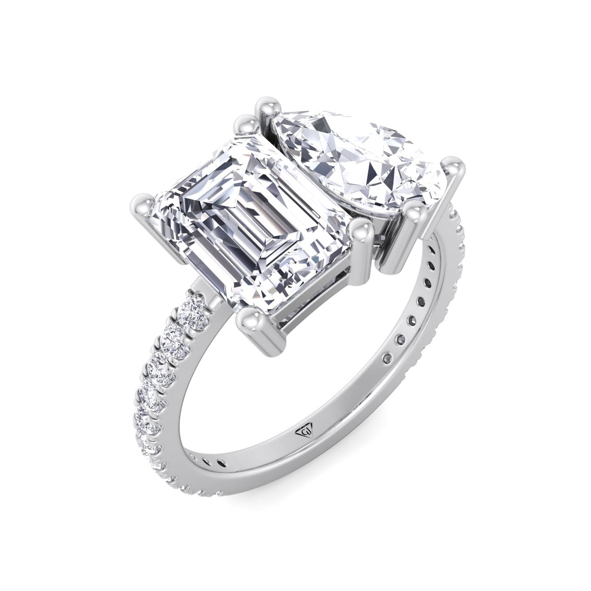 Evie - Emerald & Pear Shape Diamond Engagement Ring With Pave Band - Gem Jewelers Co