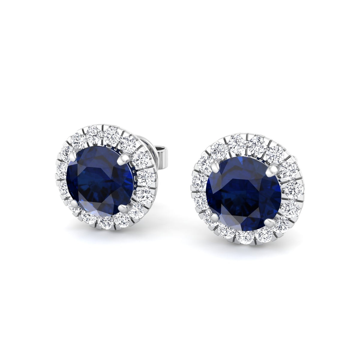 Tiber - Round Cut Blue Sapphire & Diamond Halo Earrings - Gem Jewelers Co