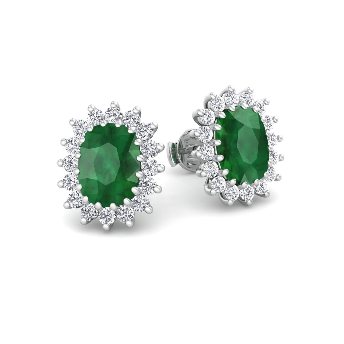 Pino - Oval Cut Emerald and Diamond Halo Flower Style Earrings - Gem Jewelers Co
