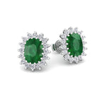 Pino - Oval Cut Emerald and Diamond Halo Flower Style Earrings - Gem Jewelers Co