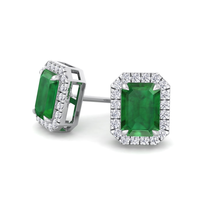 Genio - Emerald Cut Green Emerald Diamond Halo Earrings