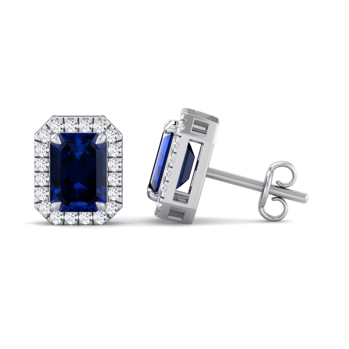 Calcolo - Emerald Cut Sapphire and Diamond Halo Earrings - Gem Jewelers Co