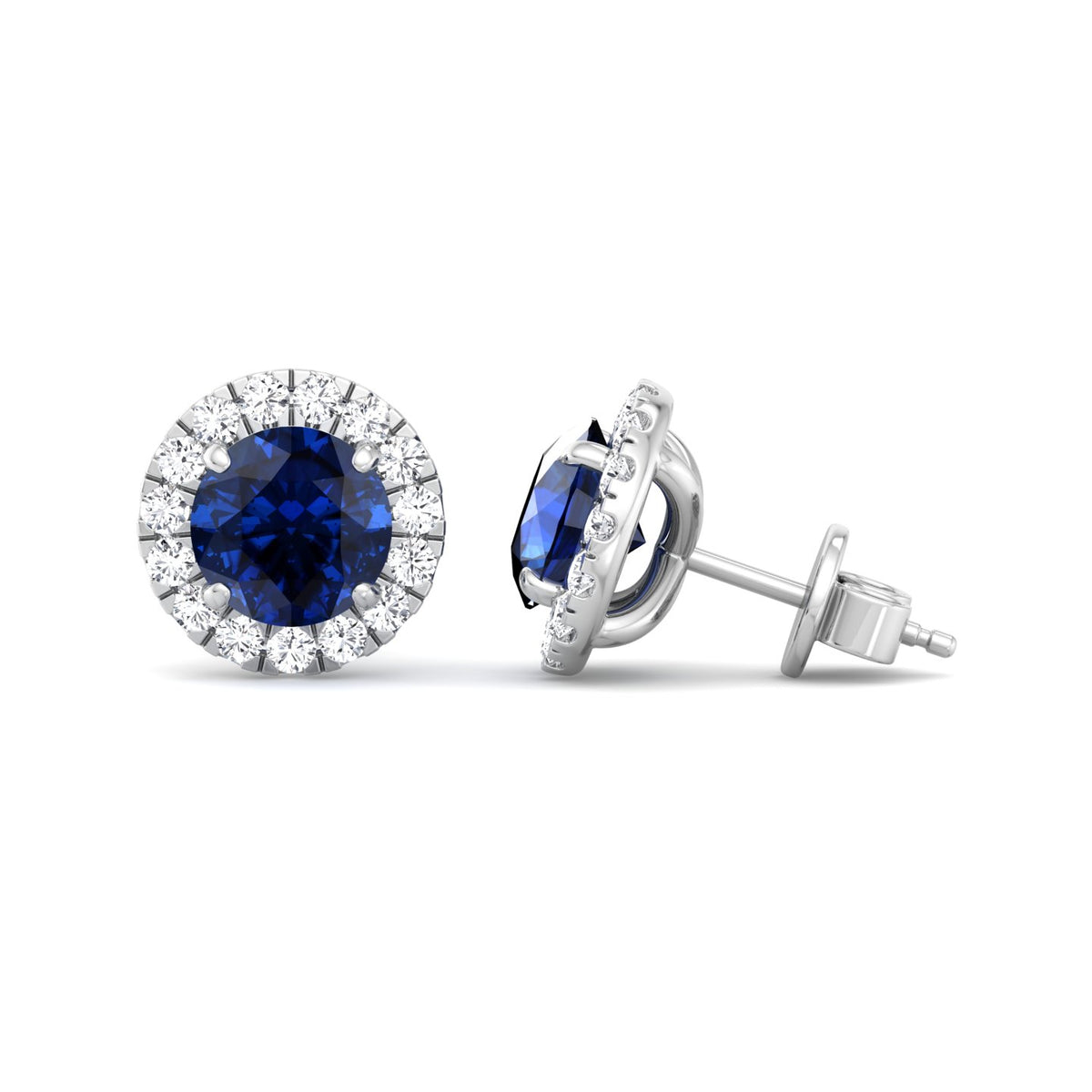 Tiber - Round Cut Blue Sapphire & Diamond Halo Earrings - Gem Jewelers Co
