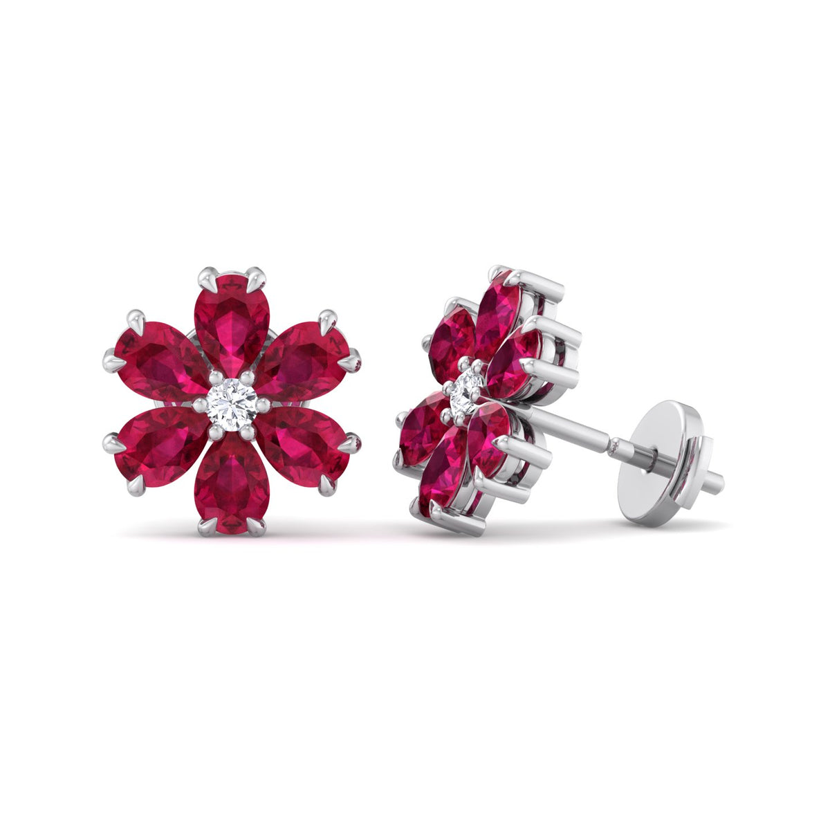 Otta - Pear Shaped Ruby & Diamond Cluster Earrings - Gem Jewelers Co