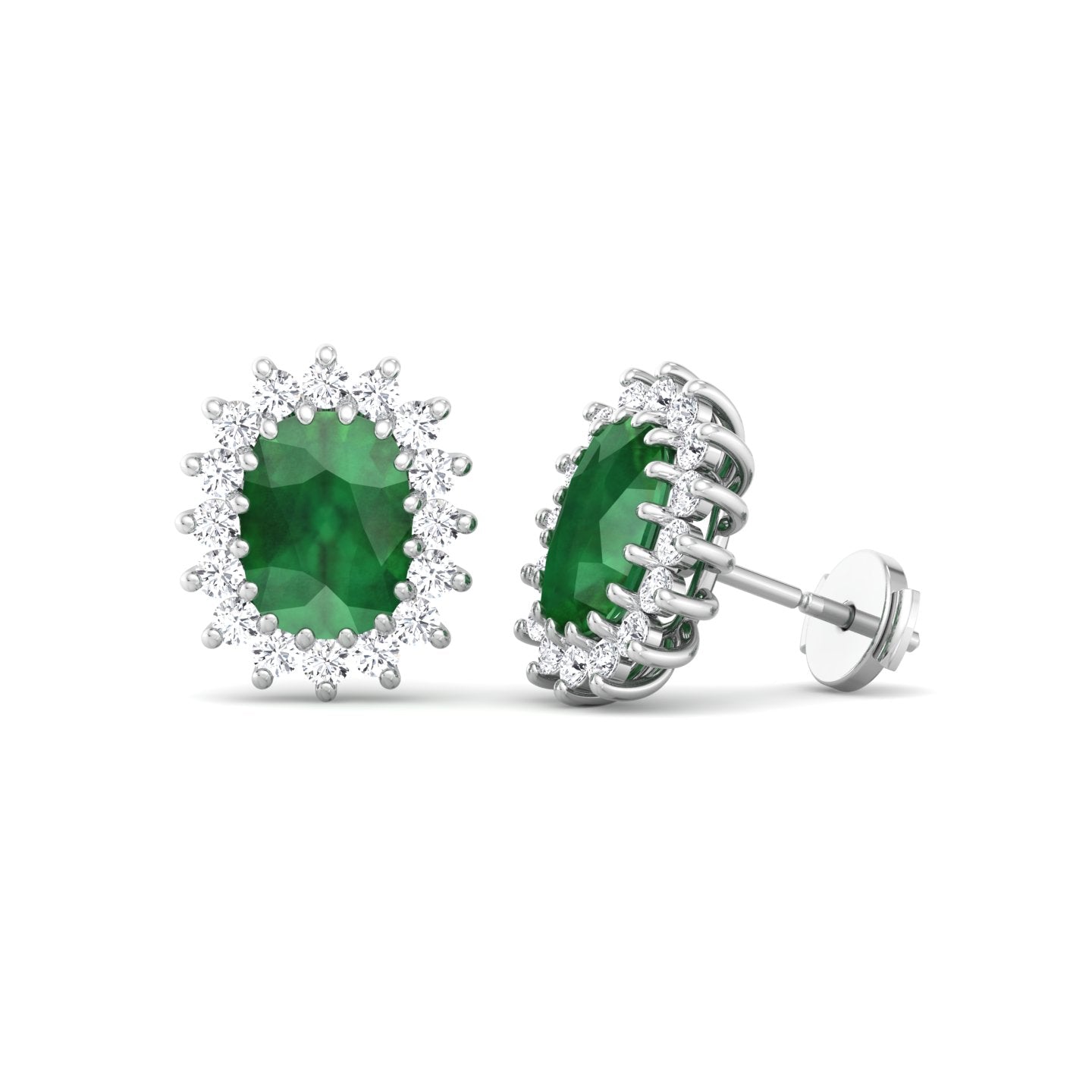 Pino - Oval Cut Emerald and Diamond Halo Flower Style Earrings - Gem Jewelers Co