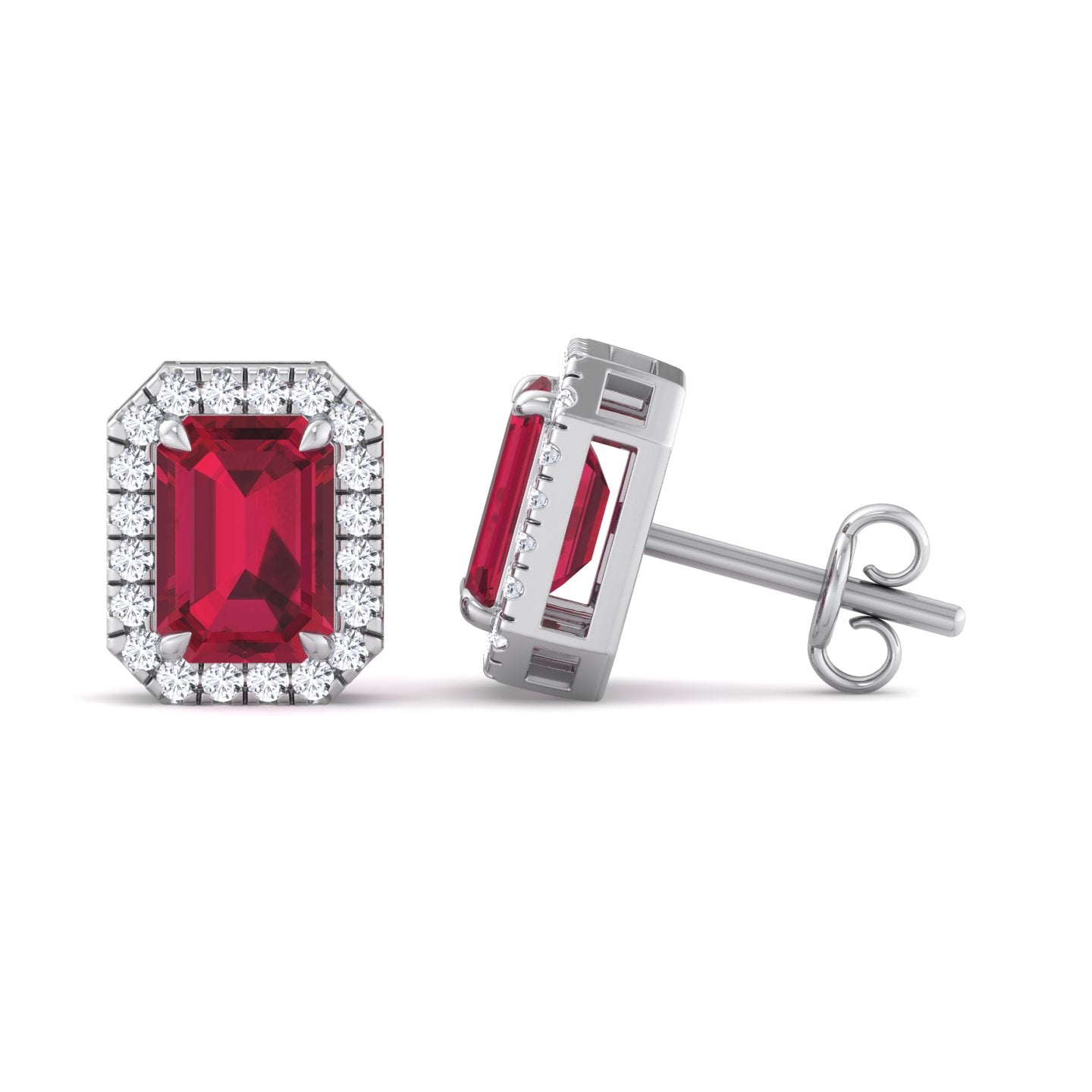 Fuoco - Emerald Cut Ruby and Diamond Halo Earrings - Gem Jewelers Co