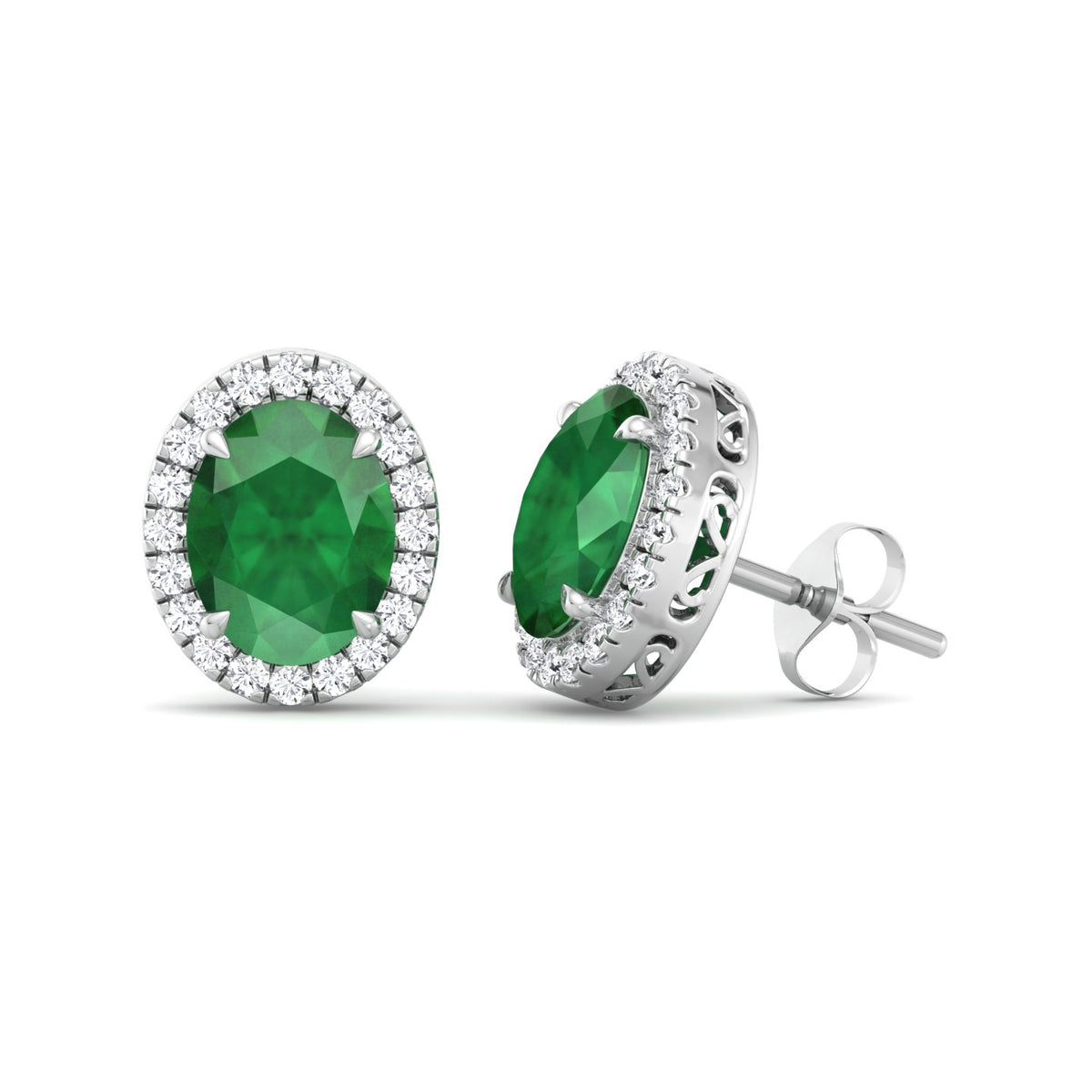 Foglia - Oval Cut Emerald and Diamond Halo Earrings - Gem Jewelers Co