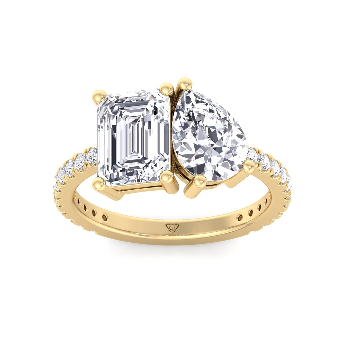 Evie - Emerald & Pear Shape Diamond Engagement Ring With Pave Band - Gem Jewelers Co