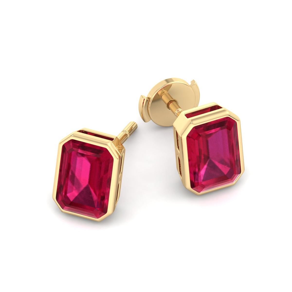 Cilie - Emerald Cut Ruby Bezel Set Earrings - Gem Jewelers Co