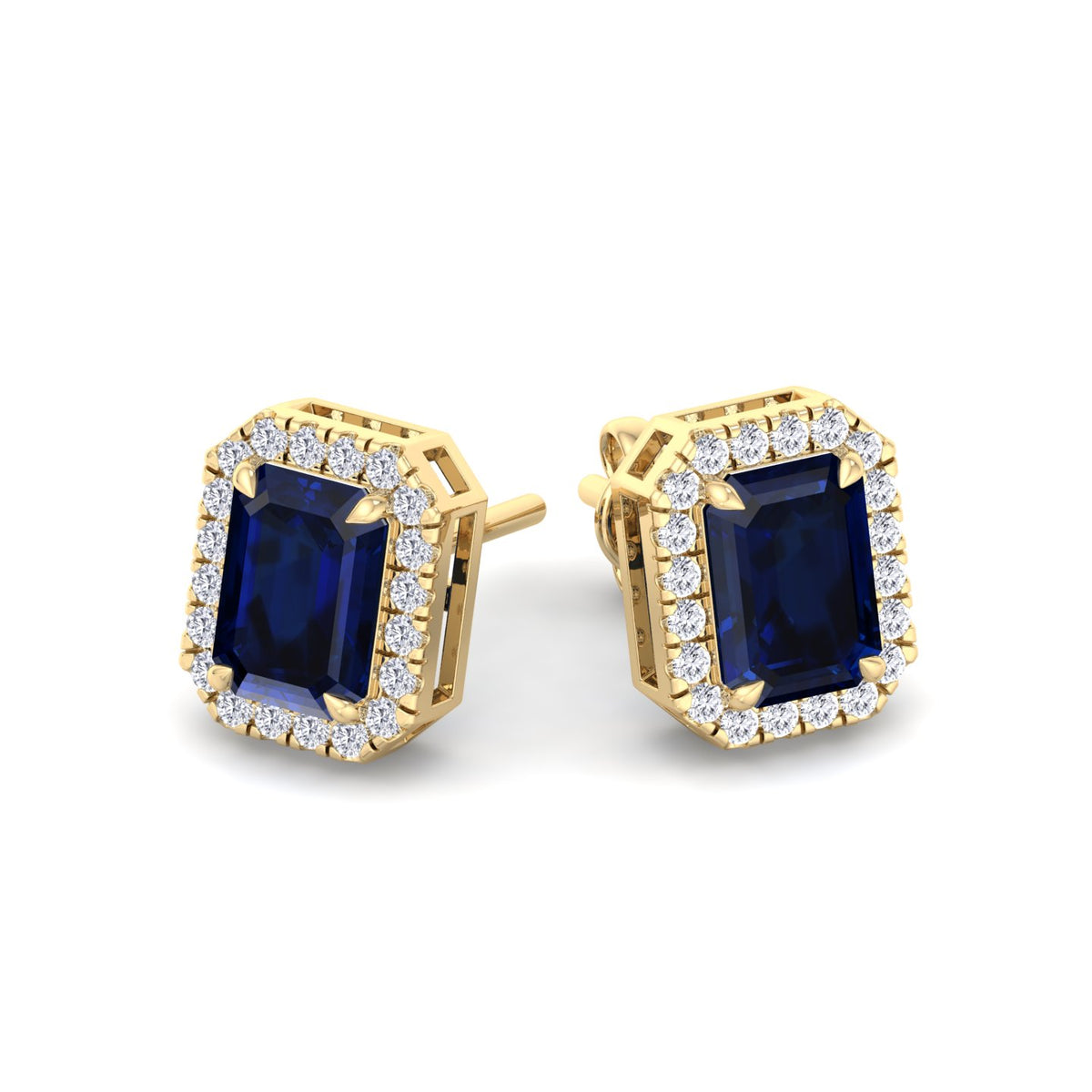 Calcolo - Emerald Cut Sapphire and Diamond Halo Earrings - Gem Jewelers Co
