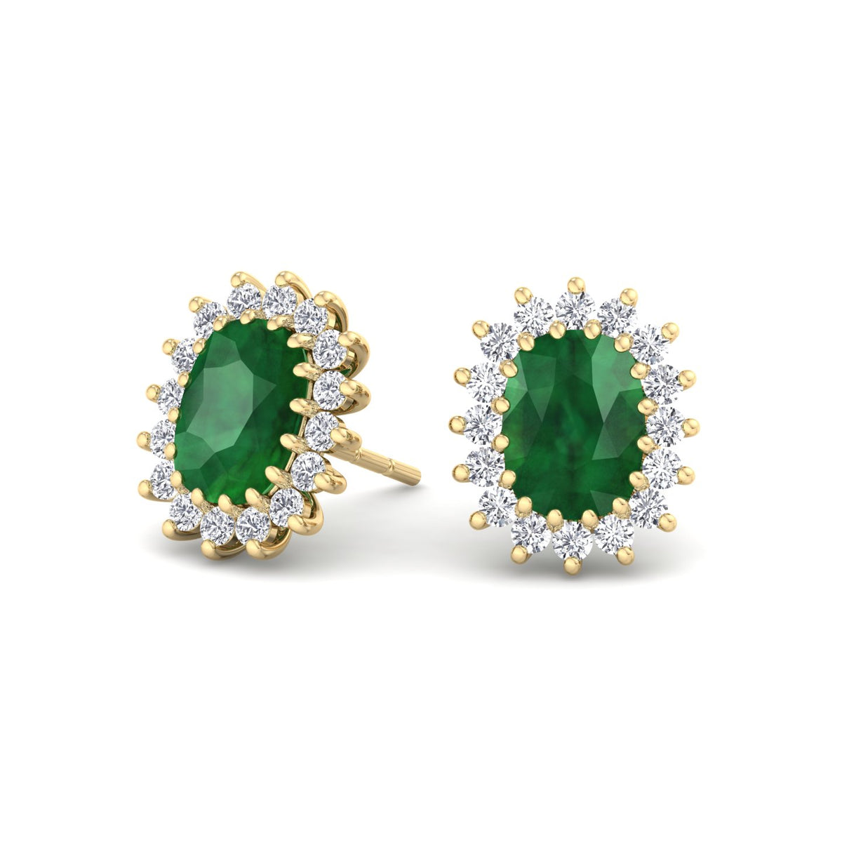 Pino - Oval Cut Emerald and Diamond Halo Flower Style Earrings - Gem Jewelers Co