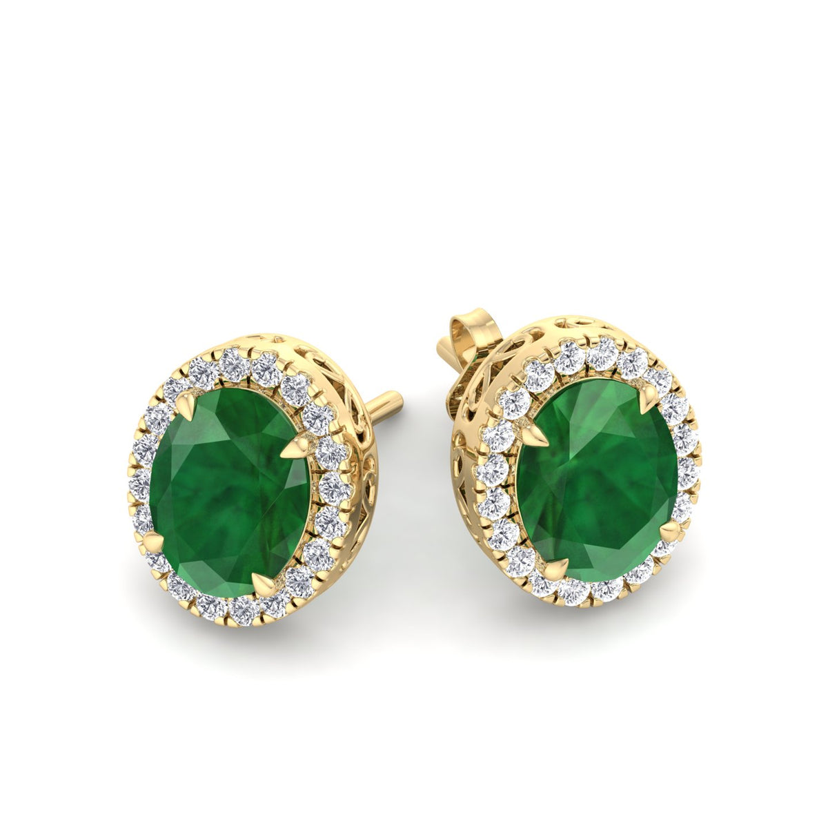Foglia - Oval Cut Emerald and Diamond Halo Earrings - Gem Jewelers Co