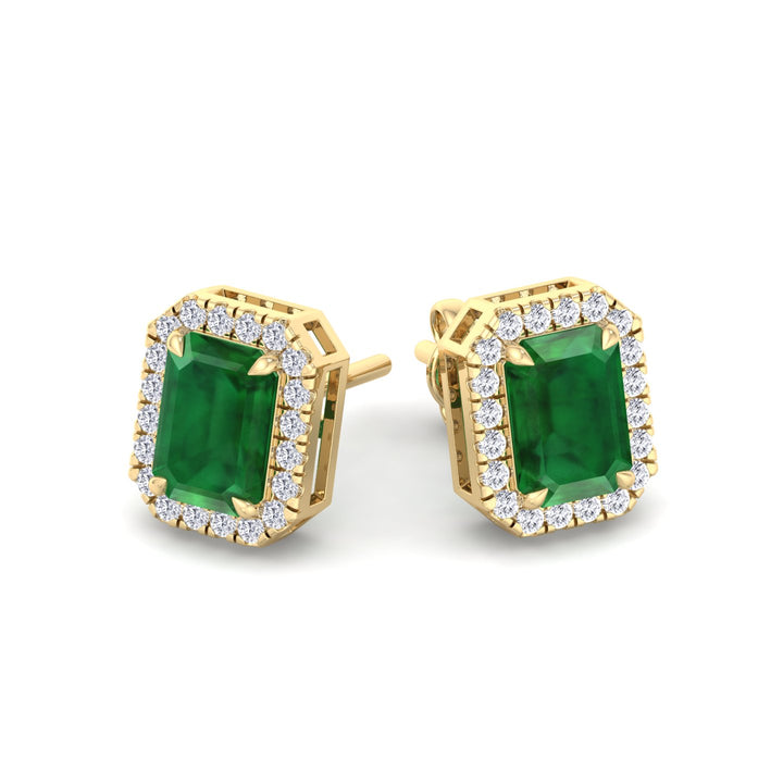 Genio - Emerald Cut Green Emerald Diamond Halo Earrings