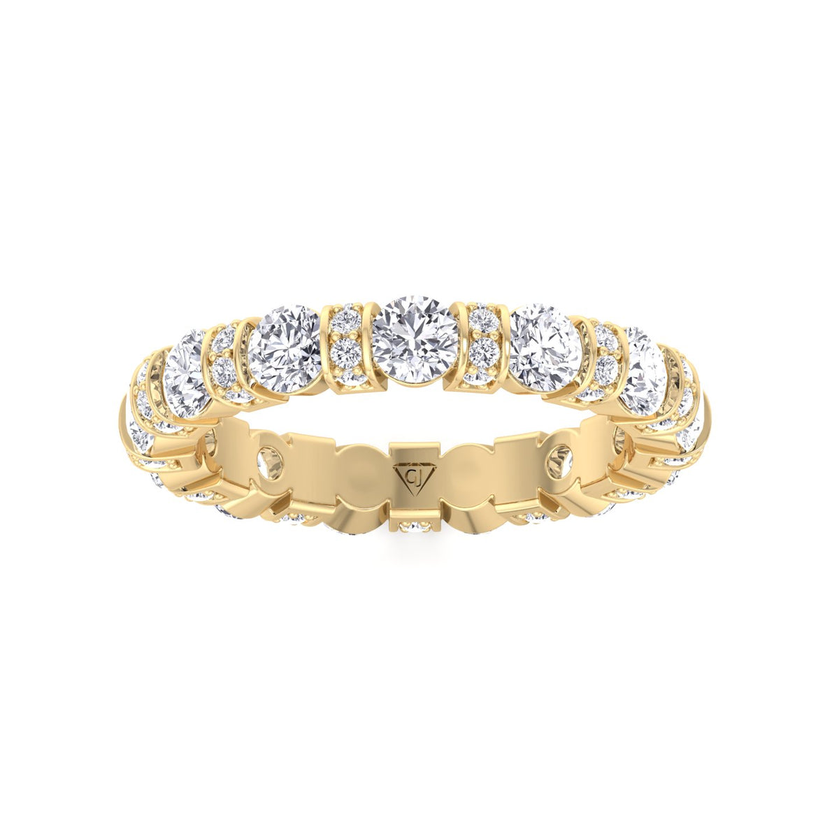 round-cut-diamond-in-a-bar-set-eternity-band-with-pave-accents-in-solid-yellow-gold