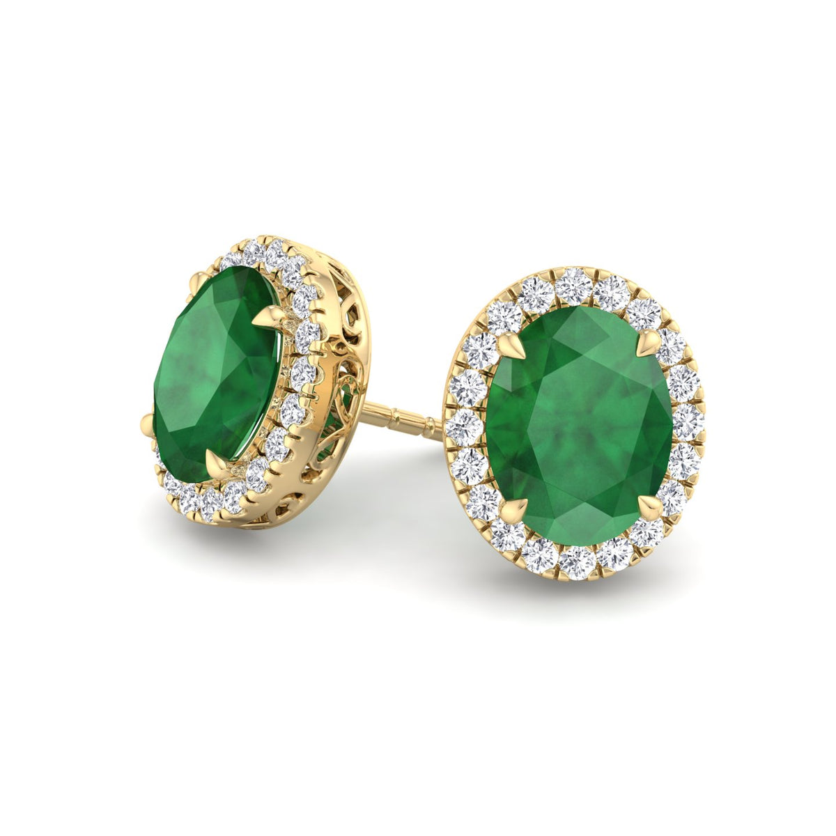 Foglia - Oval Cut Emerald and Diamond Halo Earrings - Gem Jewelers Co