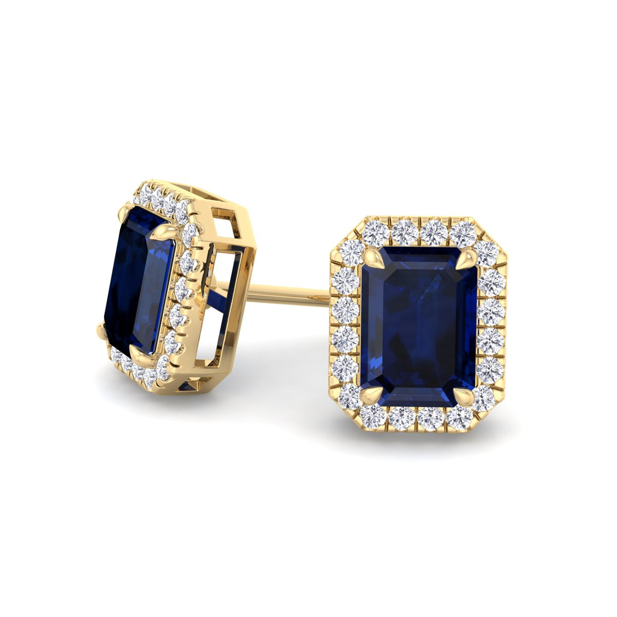 Calcolo - Emerald Cut Sapphire and Diamond Halo Earrings - Gem Jewelers Co