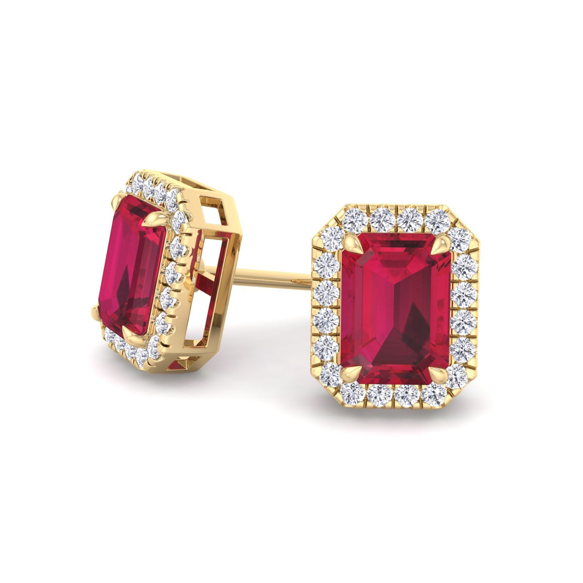 Fuoco - Emerald Cut Ruby and Diamond Halo Earrings - Gem Jewelers Co