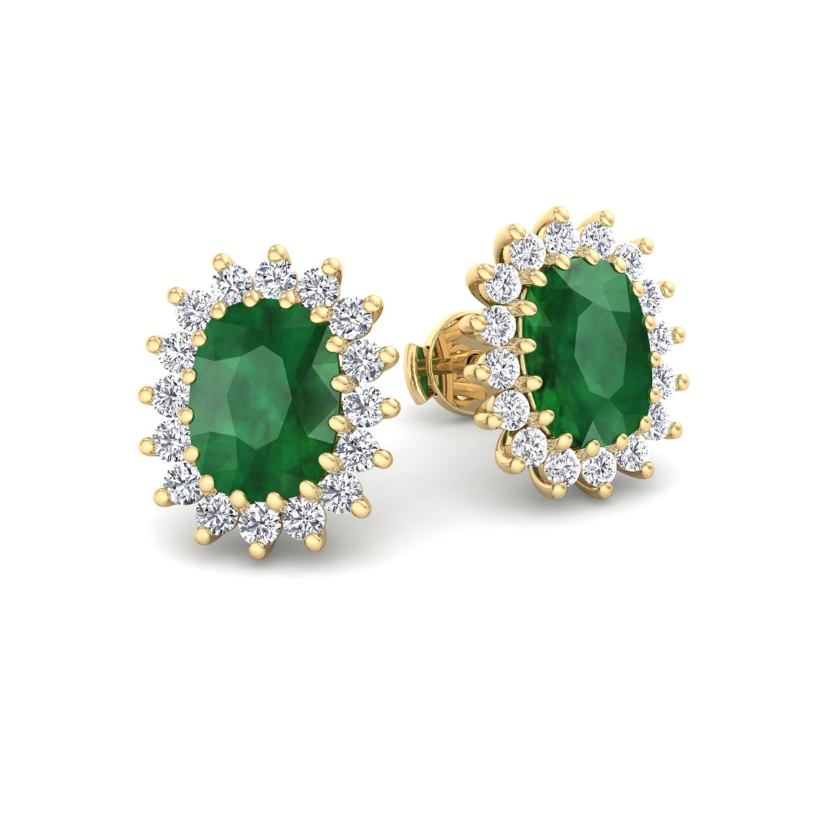 Pino - Oval Cut Emerald and Diamond Halo Flower Style Earrings - Gem Jewelers Co