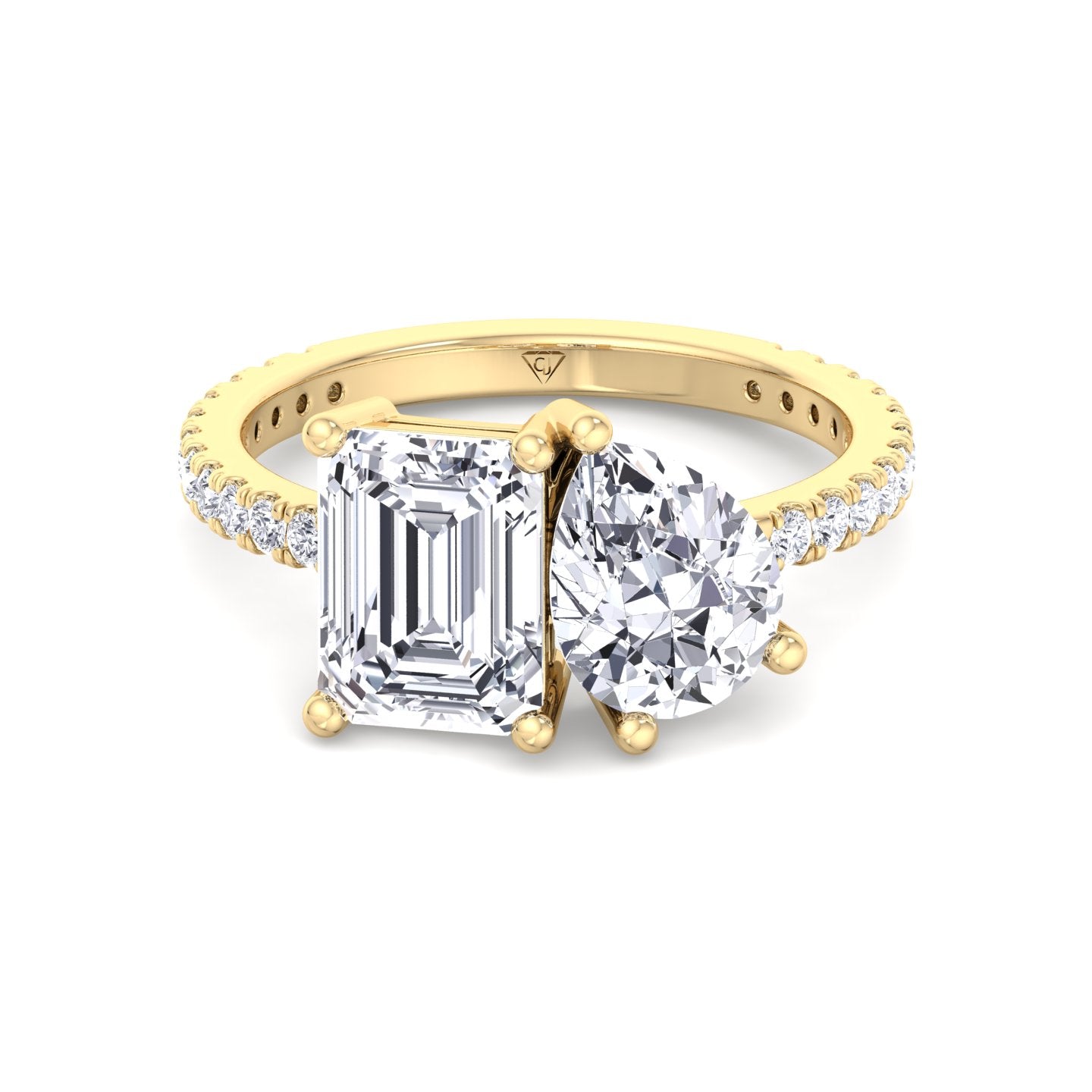 Evie - Emerald & Pear Shape Diamond Engagement Ring With Pave Band - Gem Jewelers Co