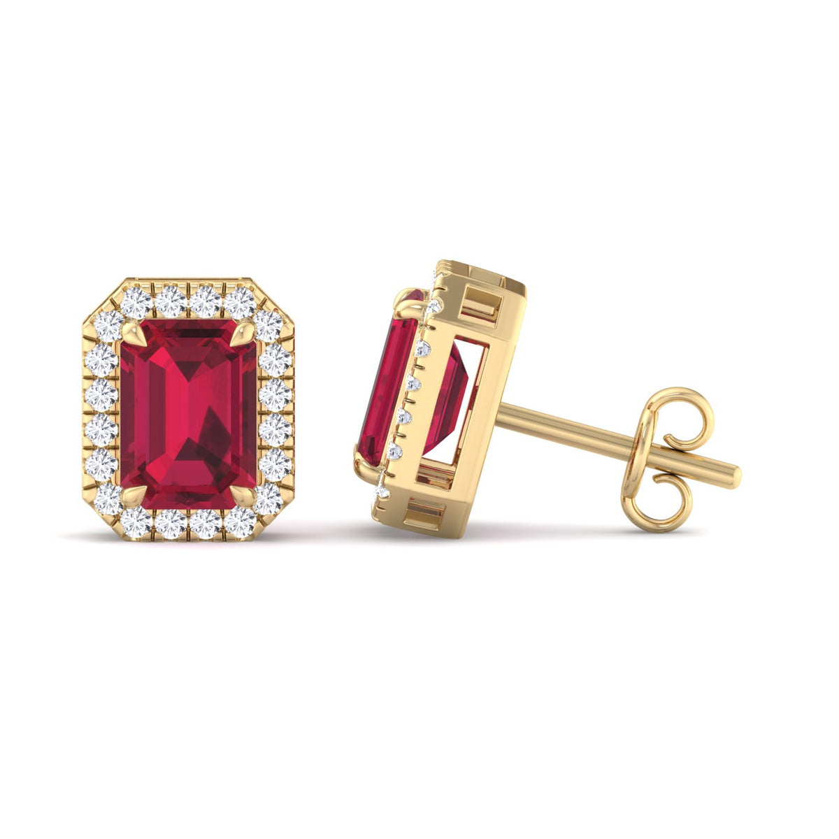 Fuoco - Emerald Cut Ruby and Diamond Halo Earrings - Gem Jewelers Co