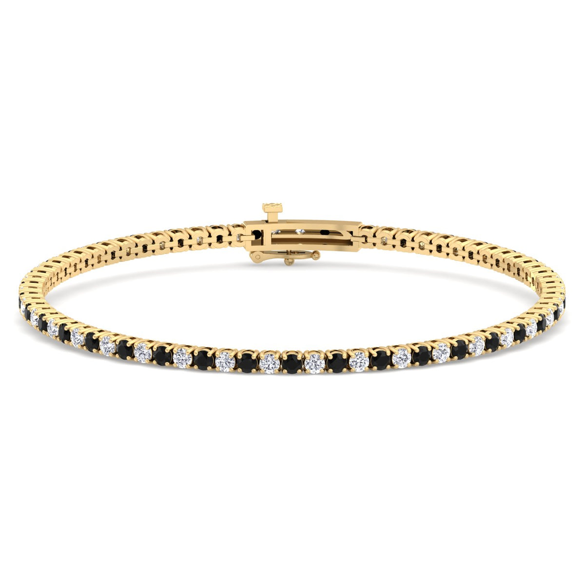 Round cut black and white diamond tennis bracelet 14K yellow gold