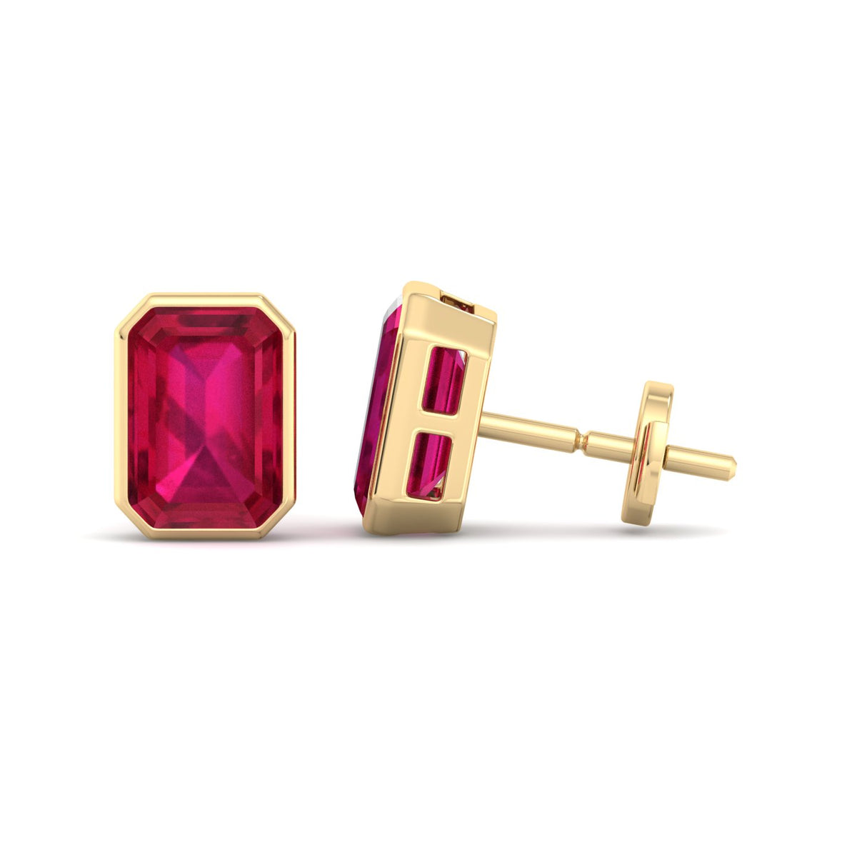 Cilie - Emerald Cut Ruby Bezel Set Earrings - Gem Jewelers Co