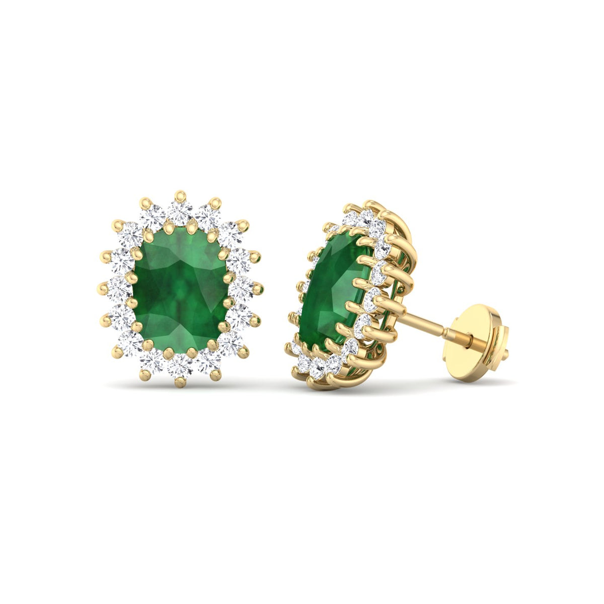 Pino - Oval Cut Emerald and Diamond Halo Flower Style Earrings - Gem Jewelers Co